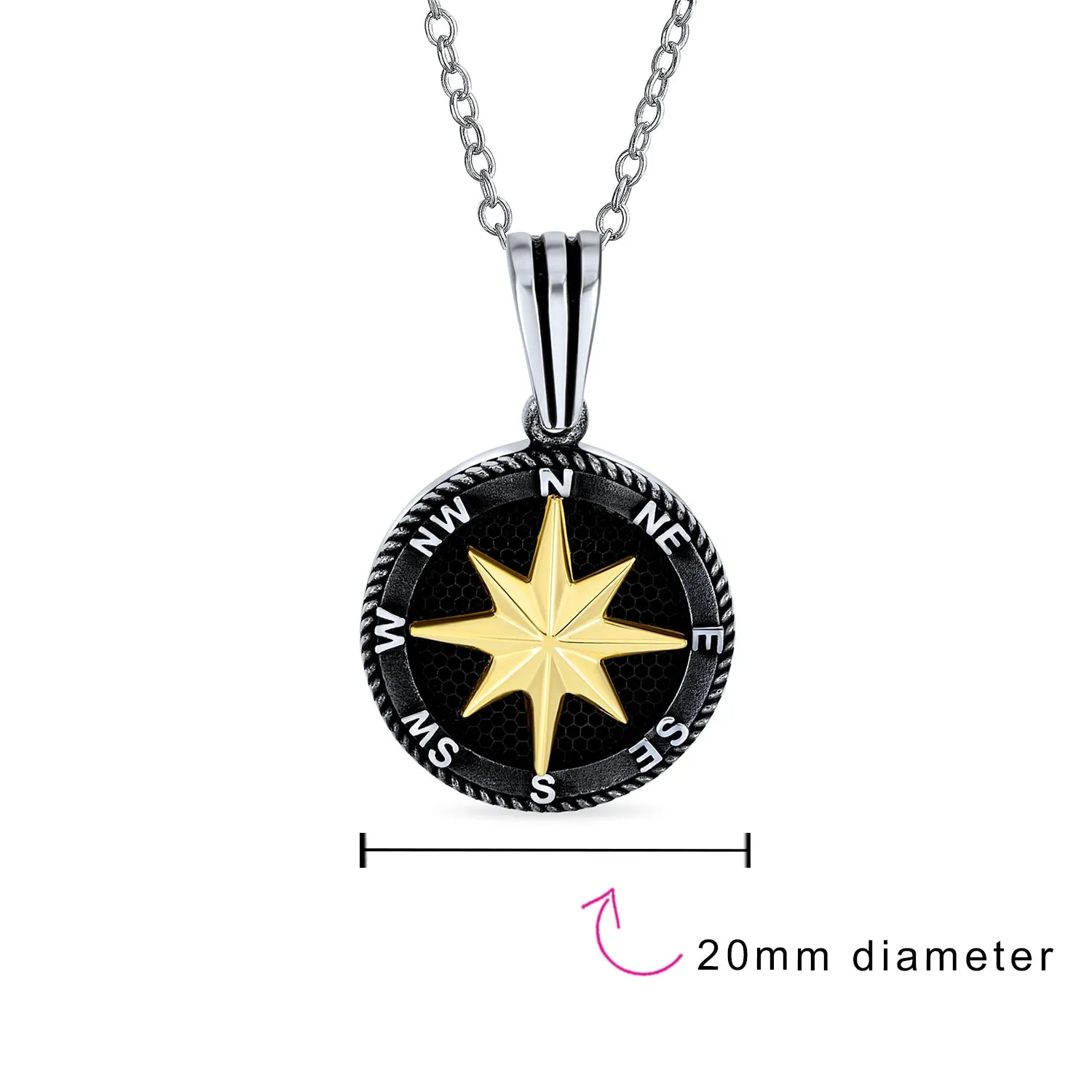 Unisex Viking Compass Pendant Necklace Black Plated Sterling Silver Chain