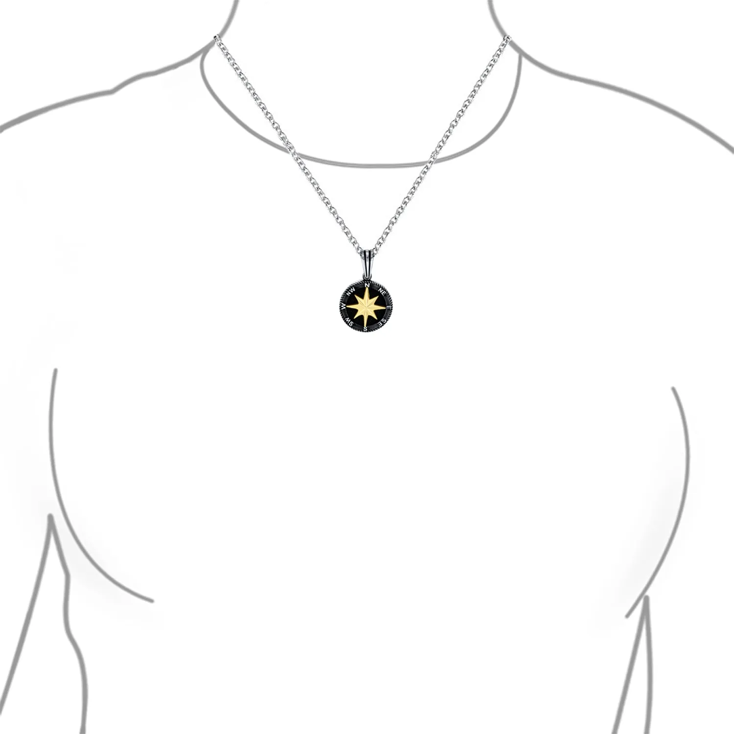 Unisex Viking Compass Pendant Necklace Black Plated Sterling Silver Chain