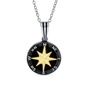 Unisex Viking Compass Pendant Necklace Black Plated Sterling Silver Chain