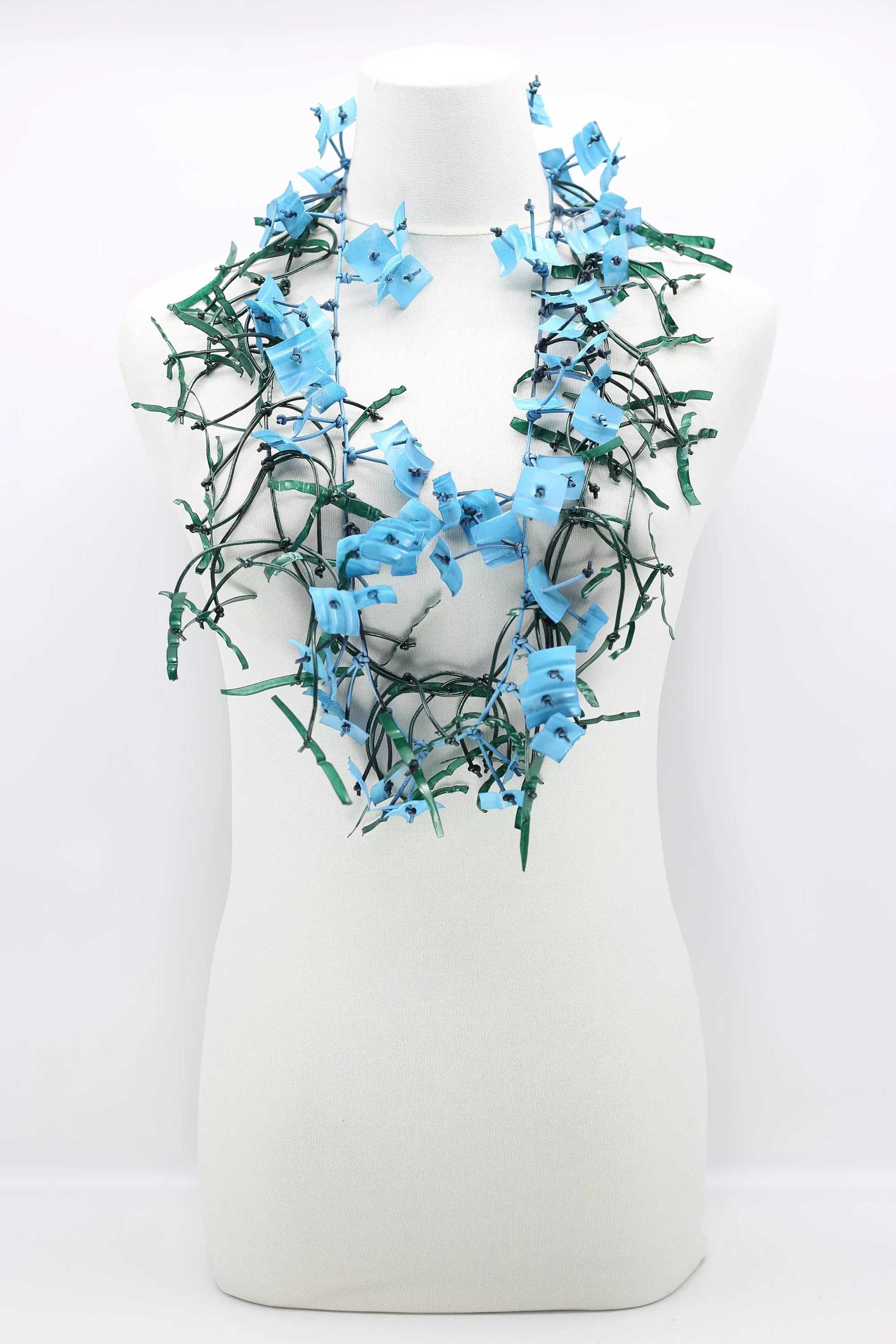 Upcycled plastic bottles - Aqua Willow Tree & long square Necklace - Duo- Hand-painted - Long