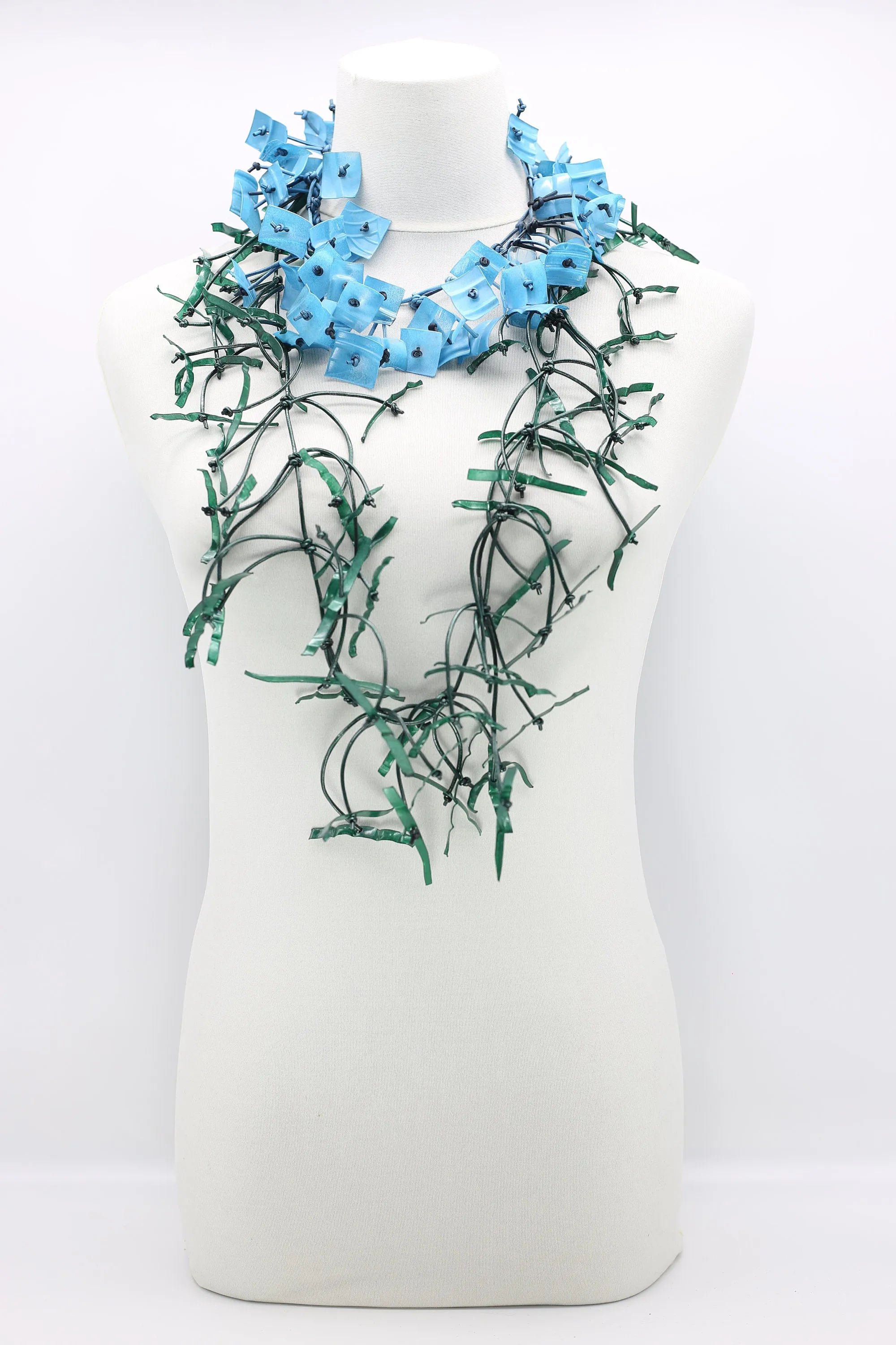 Upcycled plastic bottles - Aqua Willow Tree & long square Necklace - Duo- Hand-painted - Long