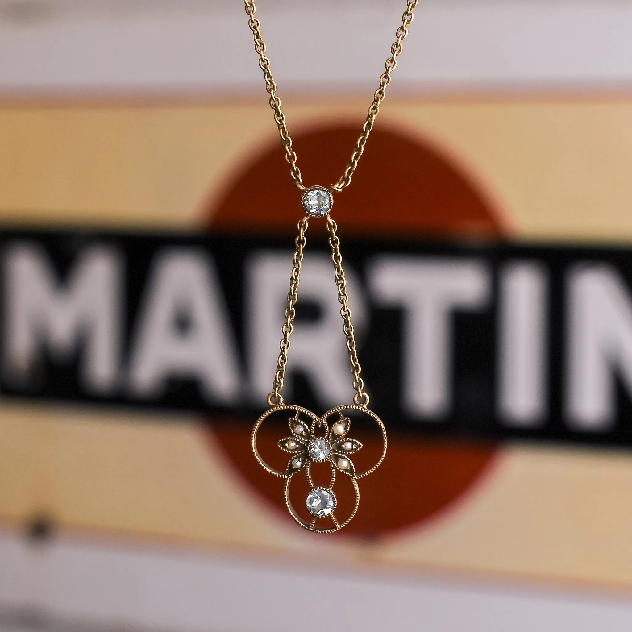 Victorian Aquamarine &  Pearl Trefoil Pendant Necklace