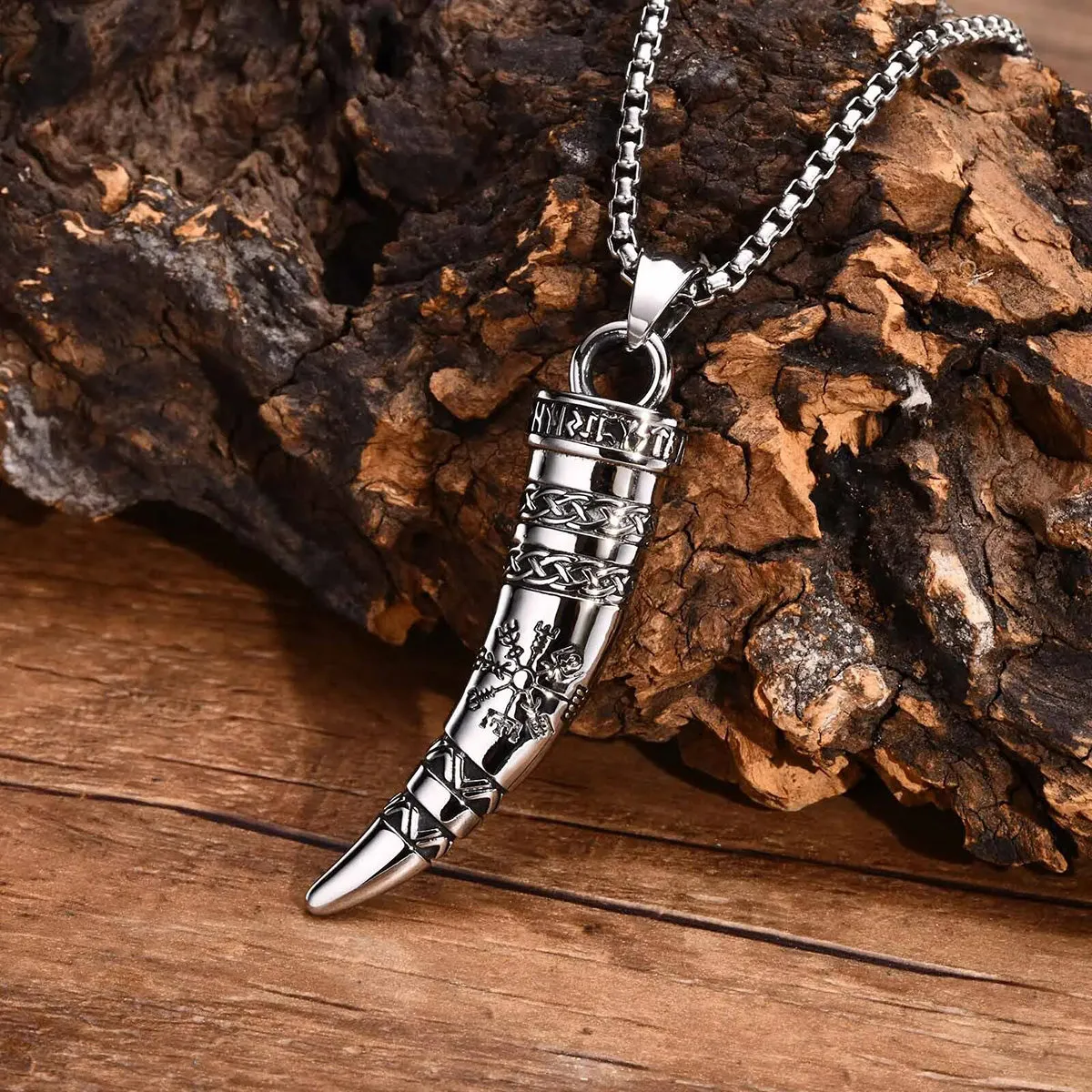 Viking - Rock Punk Viking Horn Necklaces for Men, Stainless Steel Norse Celtic Knots Compass Pendant Collar, Amulet Gift Jewelry