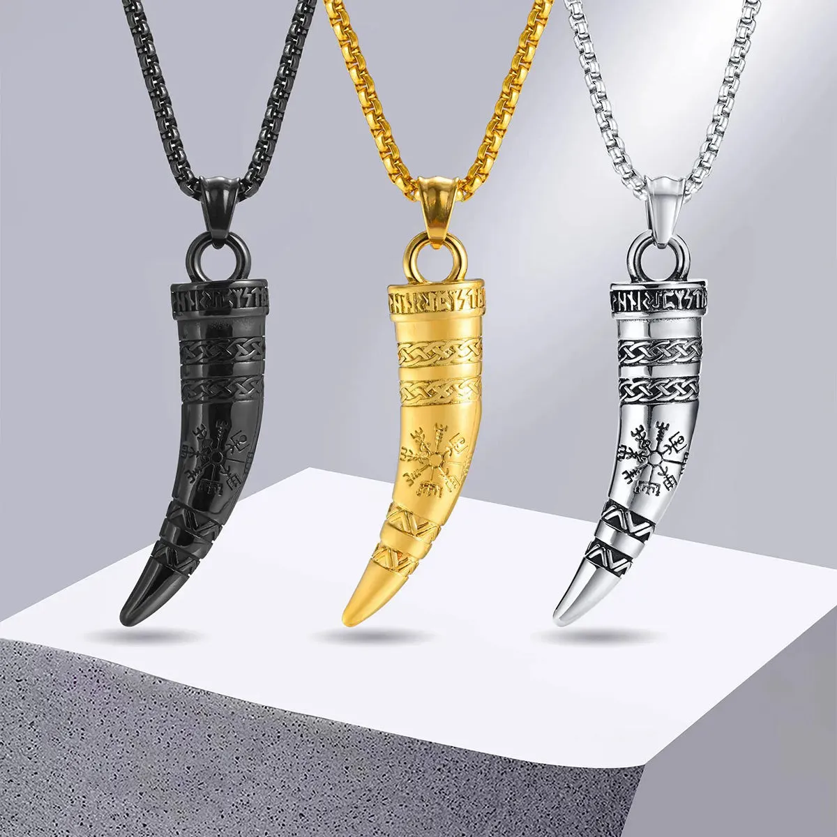 Viking - Rock Punk Viking Horn Necklaces for Men, Stainless Steel Norse Celtic Knots Compass Pendant Collar, Amulet Gift Jewelry