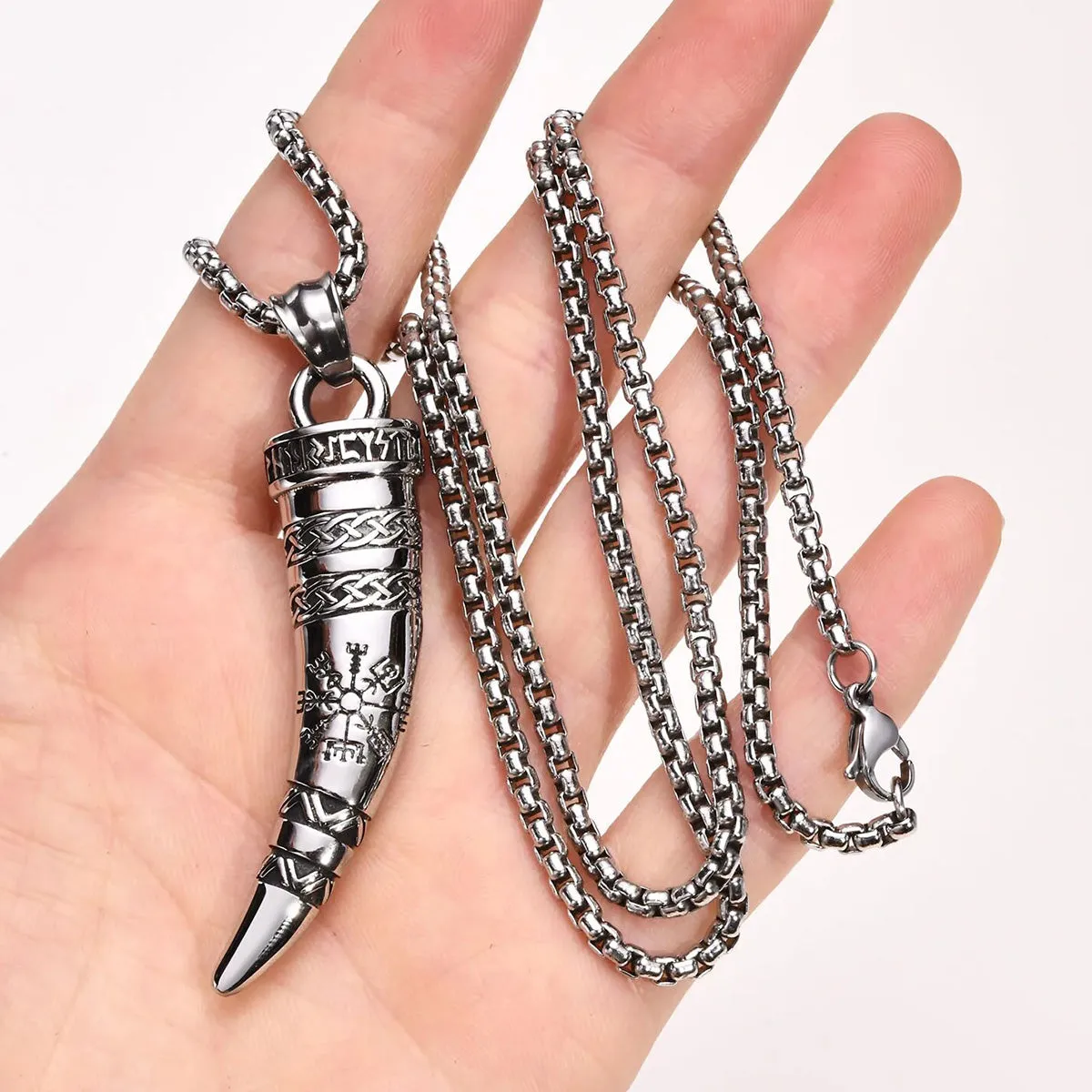 Viking - Rock Punk Viking Horn Necklaces for Men, Stainless Steel Norse Celtic Knots Compass Pendant Collar, Amulet Gift Jewelry