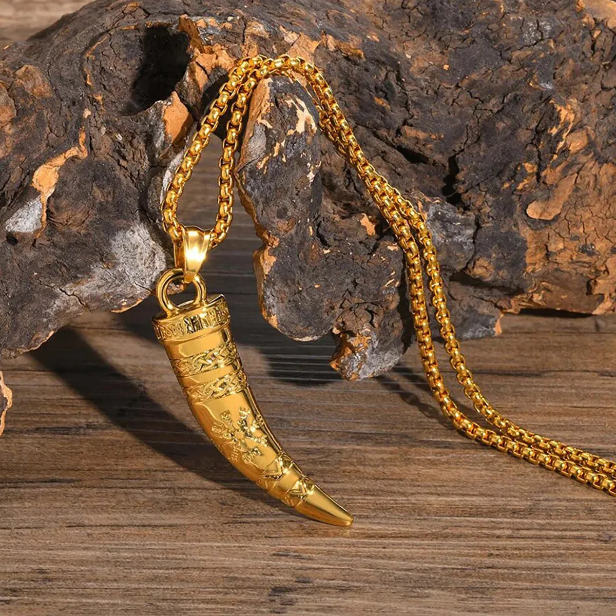 Viking - Rock Punk Viking Horn Necklaces for Men, Stainless Steel Norse Celtic Knots Compass Pendant Collar, Amulet Gift Jewelry