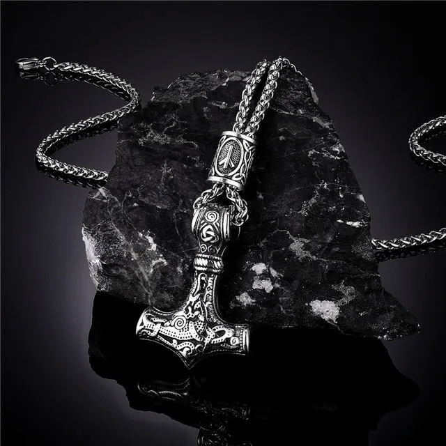 Viking Thor's Hammer Mjolnir Rune Amulet Necklace, Stainless Steel
