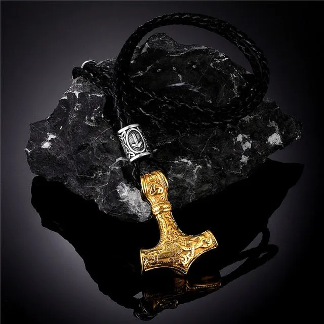 Viking Thor's Hammer Mjolnir Rune Amulet Necklace, Stainless Steel