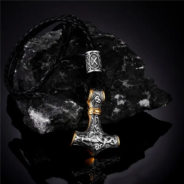 Viking Thor's Hammer Mjolnir Rune Amulet Necklace, Stainless Steel