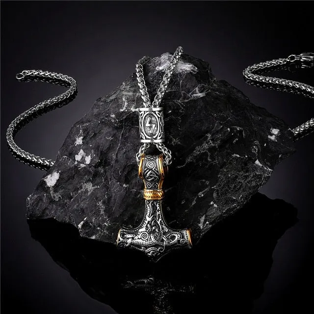 Viking Thor's Hammer Mjolnir Rune Amulet Necklace, Stainless Steel