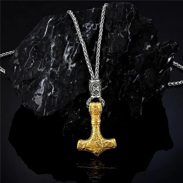 Viking Thor's Hammer Mjolnir Rune Amulet Necklace, Stainless Steel