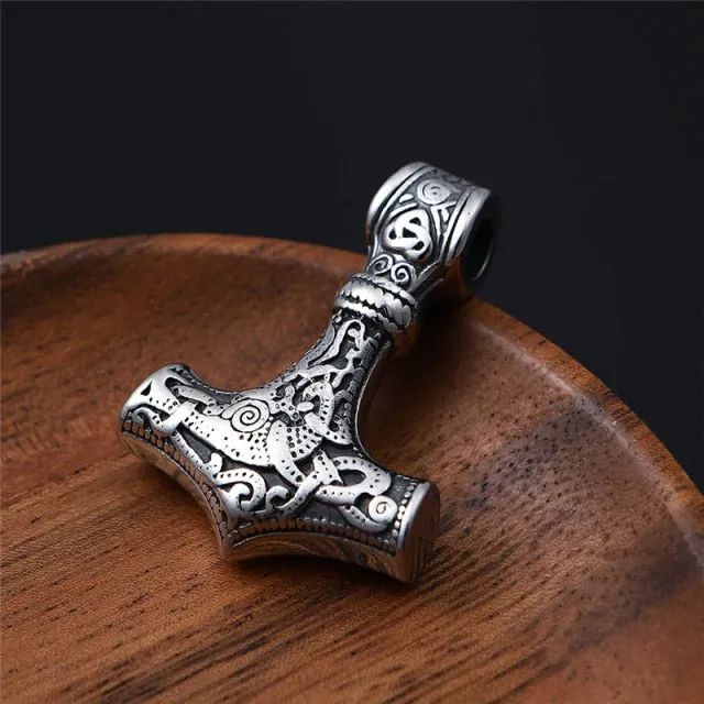 Viking Thor's Hammer Mjolnir Rune Amulet Necklace, Stainless Steel