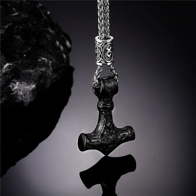 Viking Thor's Hammer Mjolnir Rune Amulet Necklace, Stainless Steel