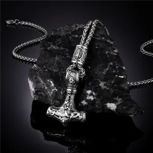 Viking Thor's Hammer Mjolnir Rune Amulet Necklace, Stainless Steel