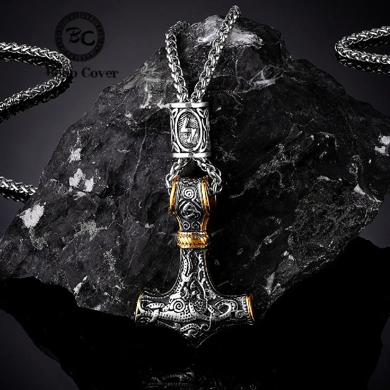 Viking Thor's Hammer Mjolnir Rune Amulet Necklace, Stainless Steel