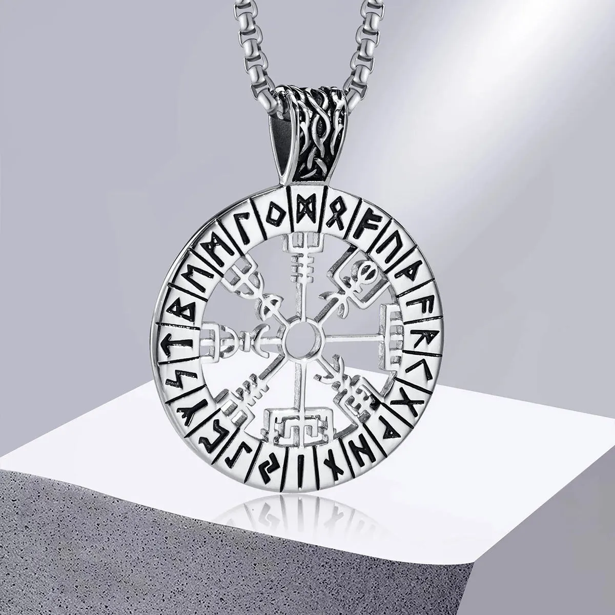 Viking - Viking Compass Necklaces for Men, Stainless Steel Viking - Hollow Sailing Guide Pendant with Box Chain, Nordic Vegvisir Rune Amulet