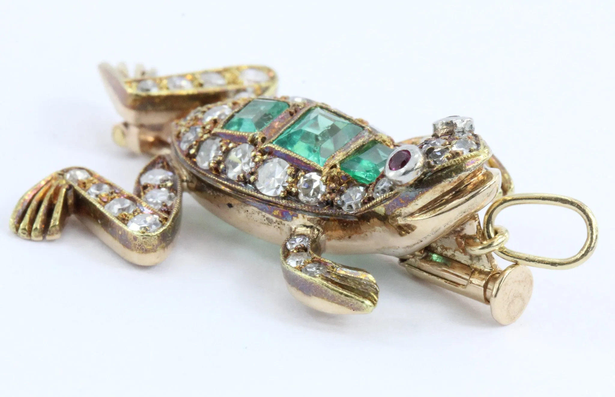 Vintage 18K Gold Diamond Ruby & Emerald French Frog Pendant / Brooch