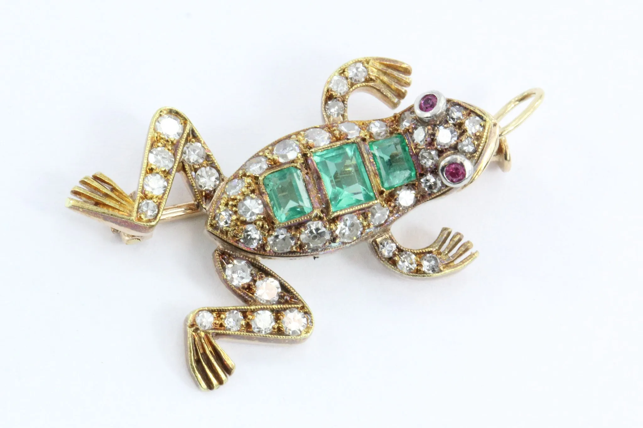 Vintage 18K Gold Diamond Ruby & Emerald French Frog Pendant / Brooch