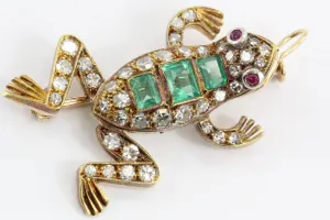 Vintage 18K Gold Diamond Ruby & Emerald French Frog Pendant / Brooch