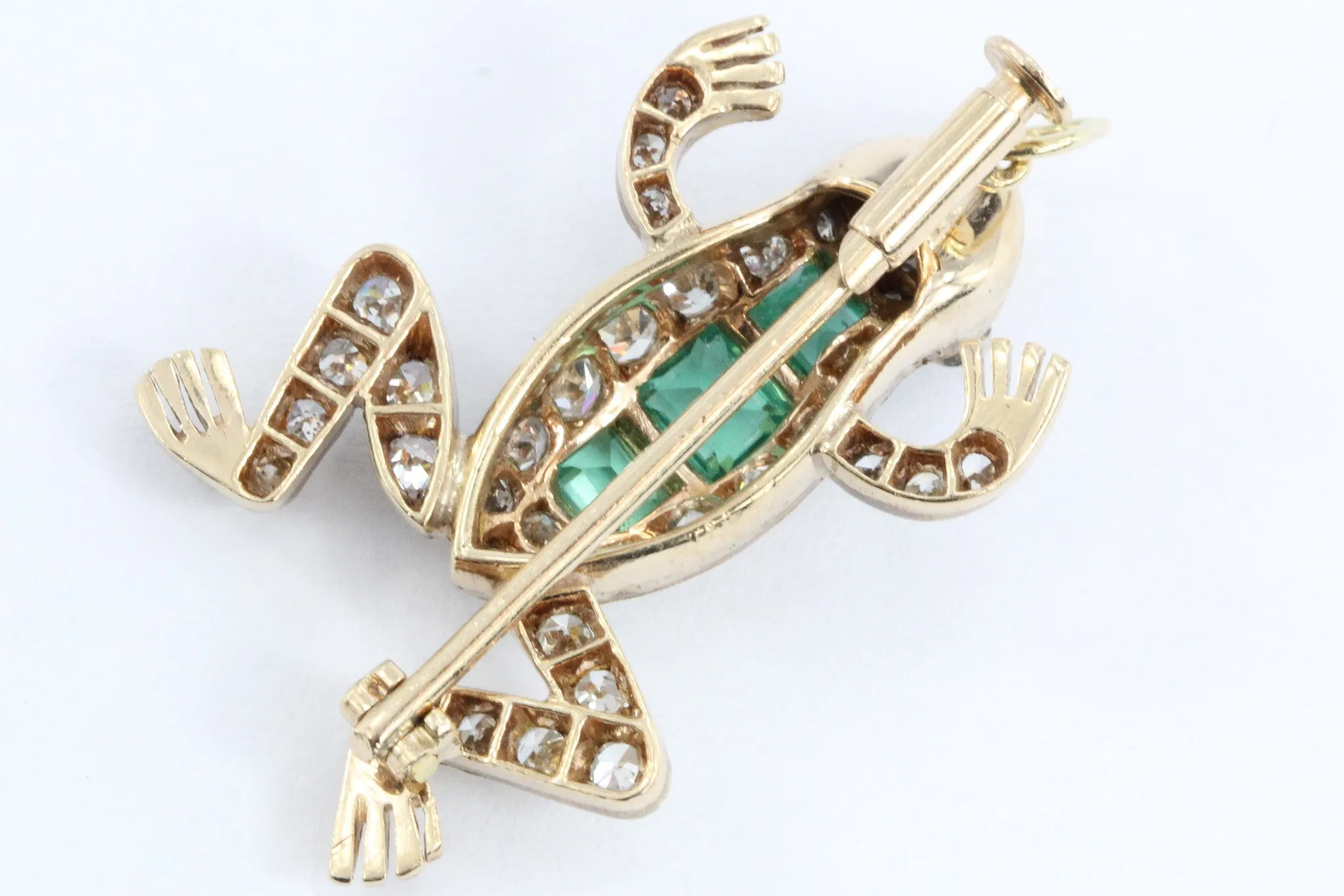 Vintage 18K Gold Diamond Ruby & Emerald French Frog Pendant / Brooch