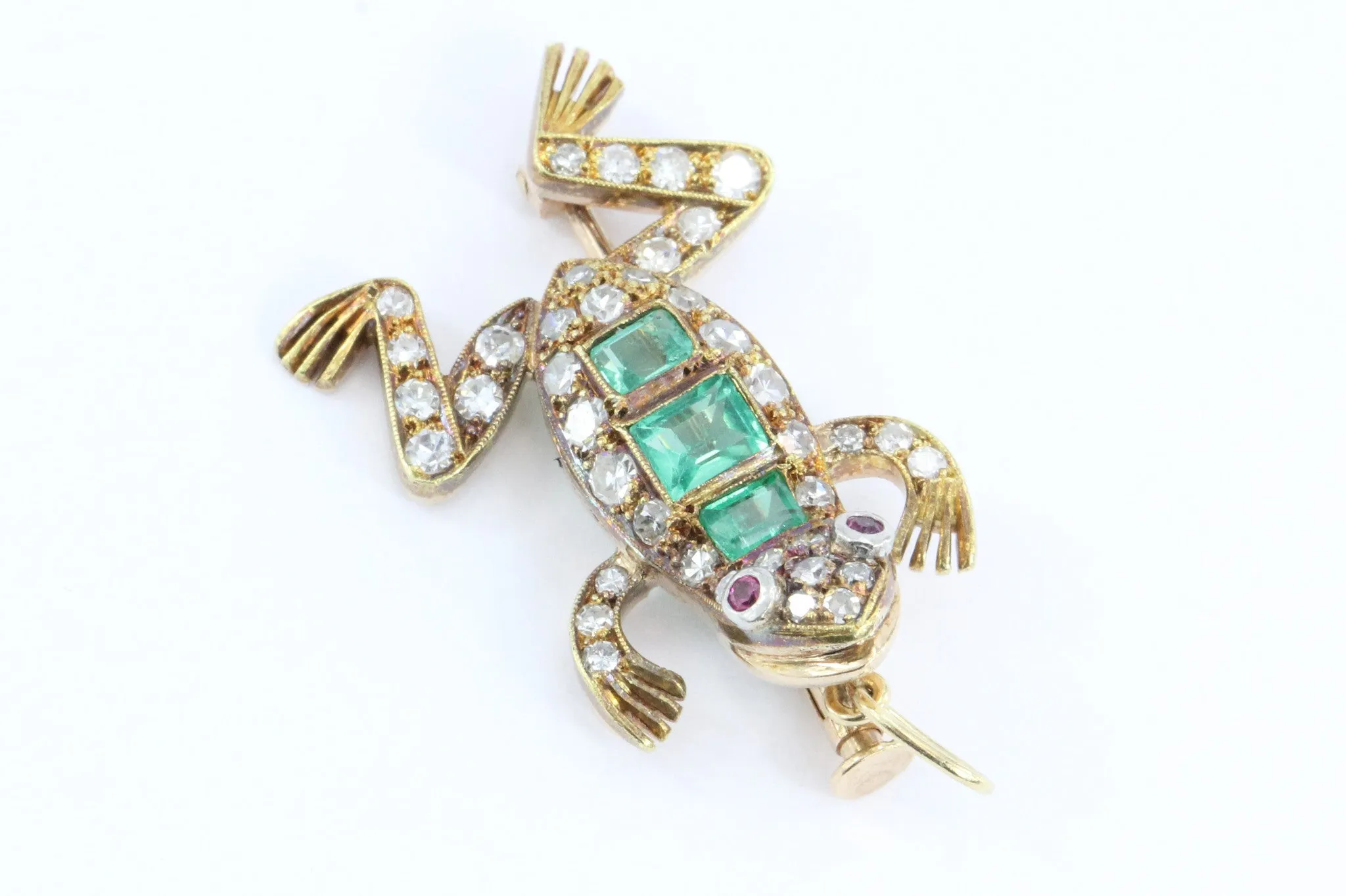 Vintage 18K Gold Diamond Ruby & Emerald French Frog Pendant / Brooch