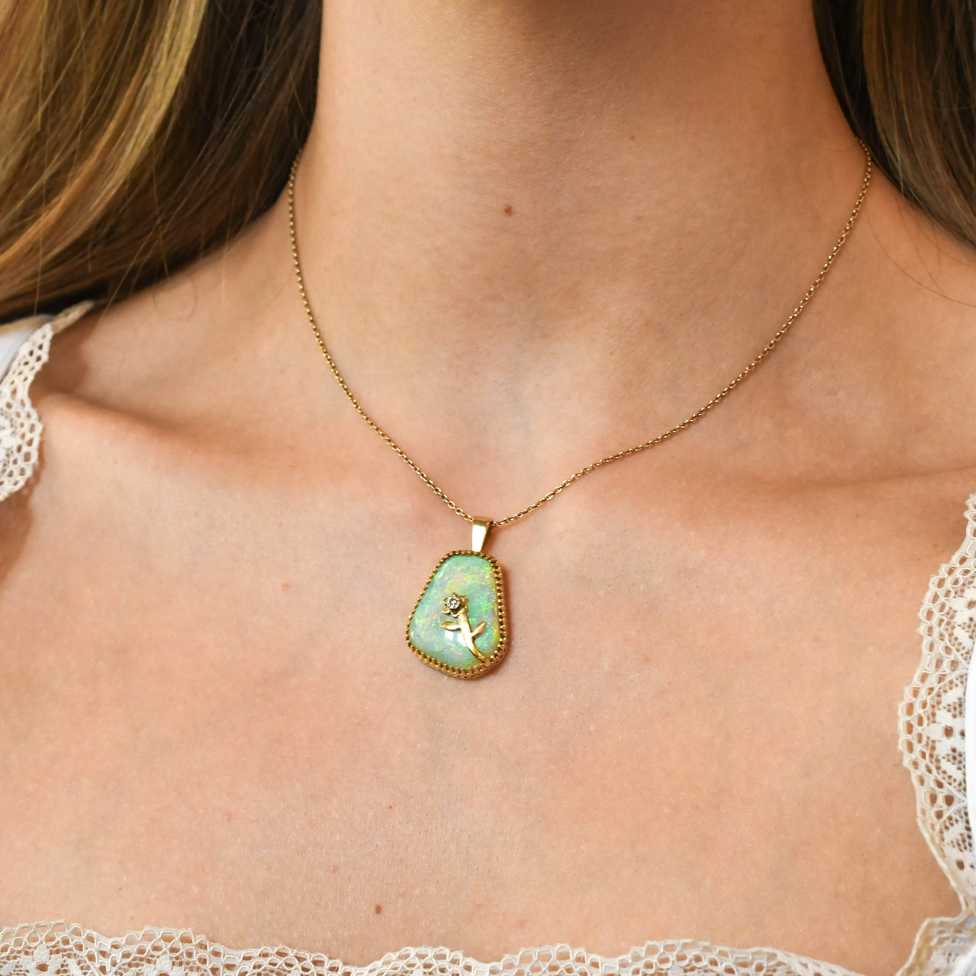 Vintage Asymmetric Opal & Diamond Flower Pendant