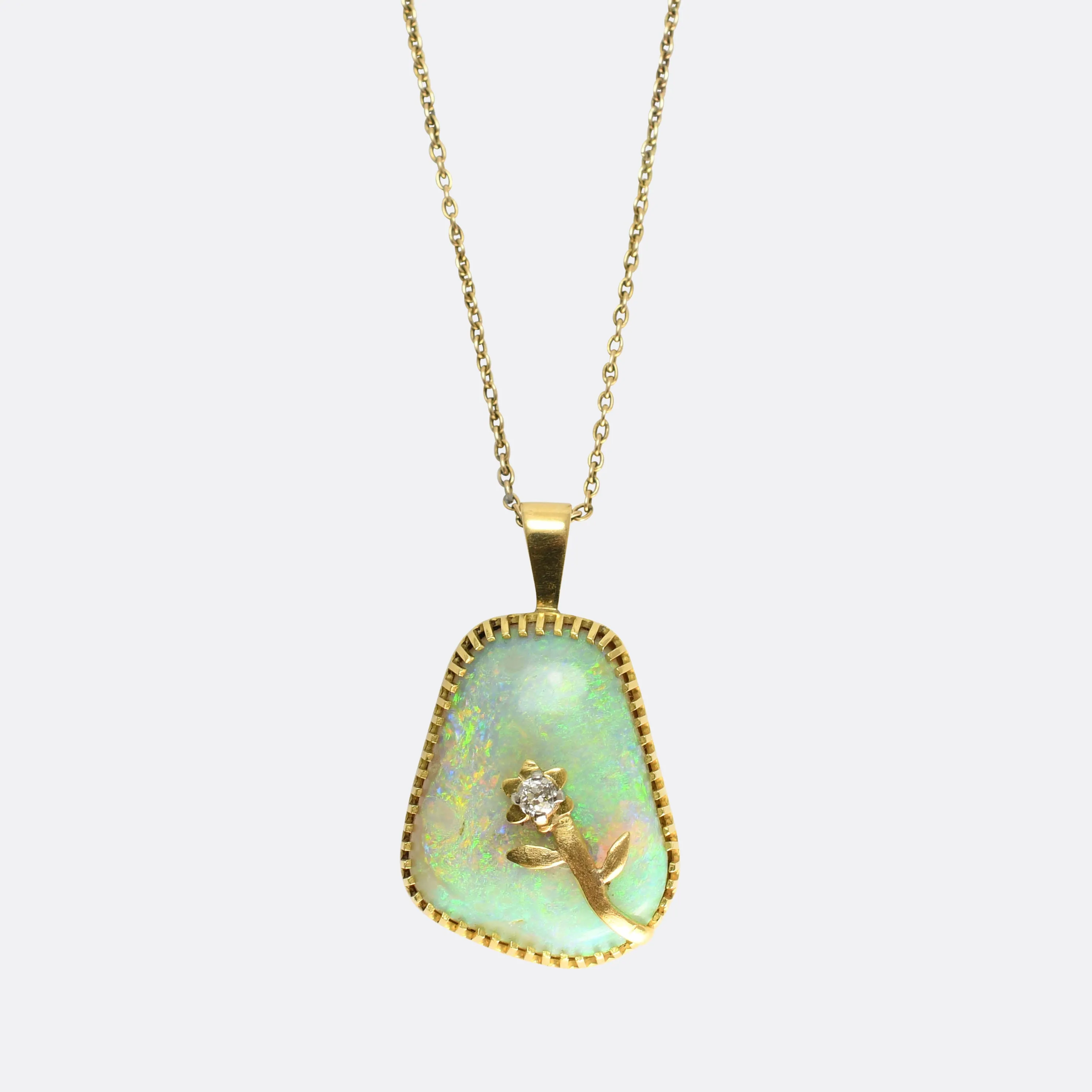Vintage Asymmetric Opal & Diamond Flower Pendant