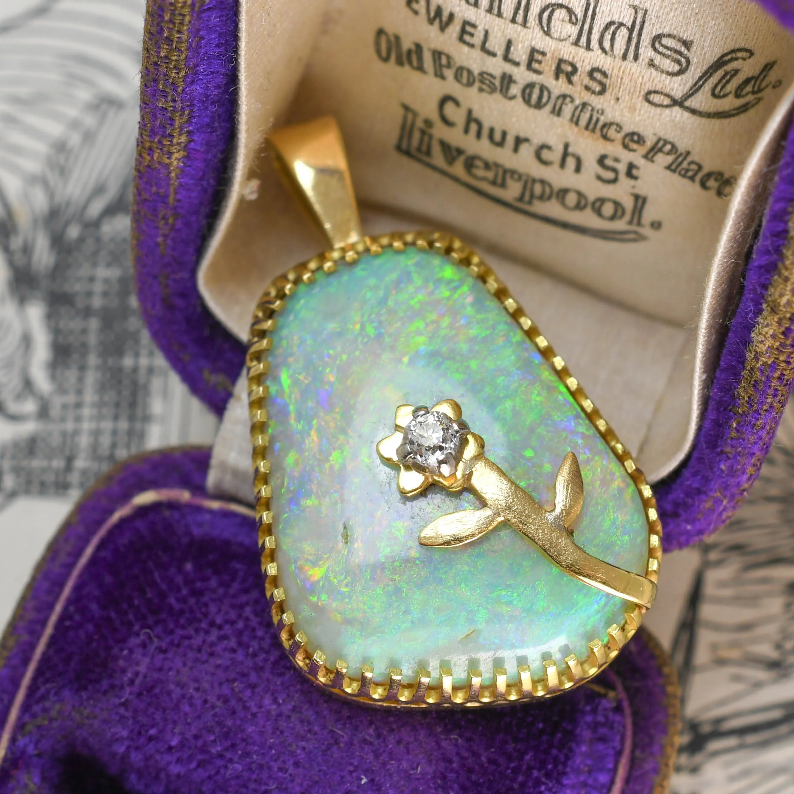 Vintage Asymmetric Opal & Diamond Flower Pendant