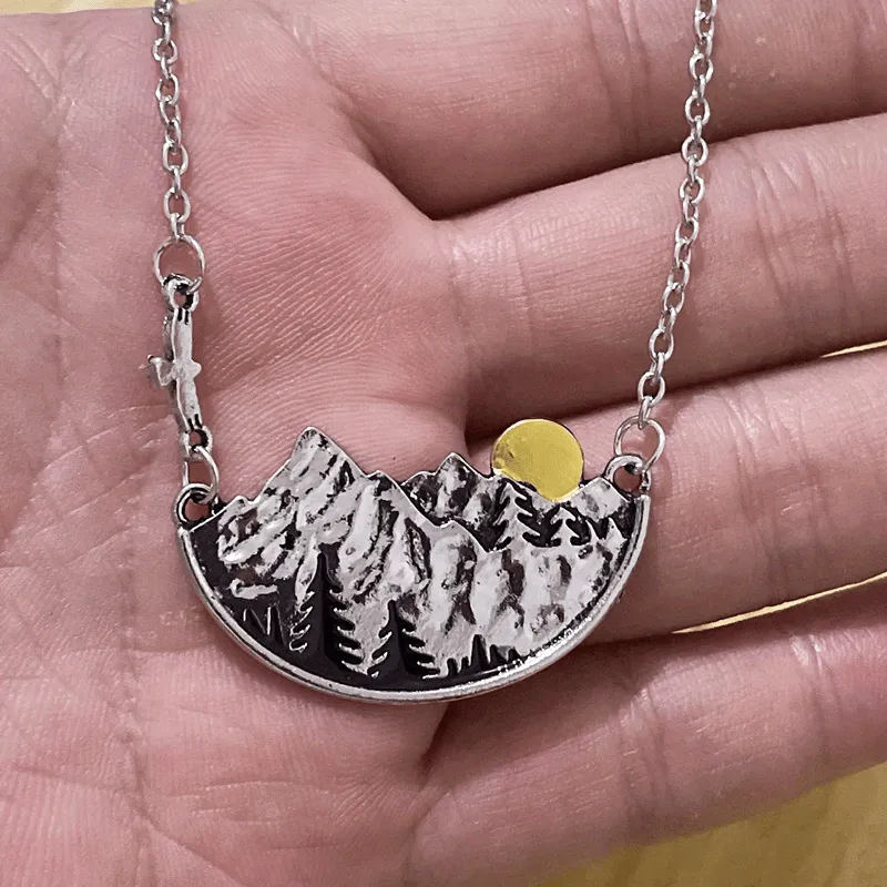 Vintage Landscape Mountain Forest Sunset Pendant Necklace