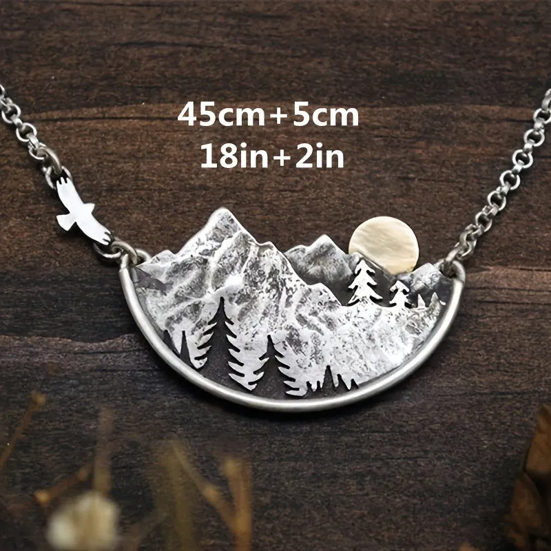 Vintage Landscape Mountain Forest Sunset Pendant Necklace