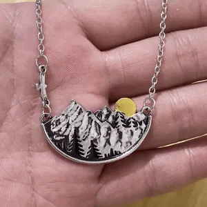 Vintage Landscape Mountain Forest Sunset Pendant Necklace