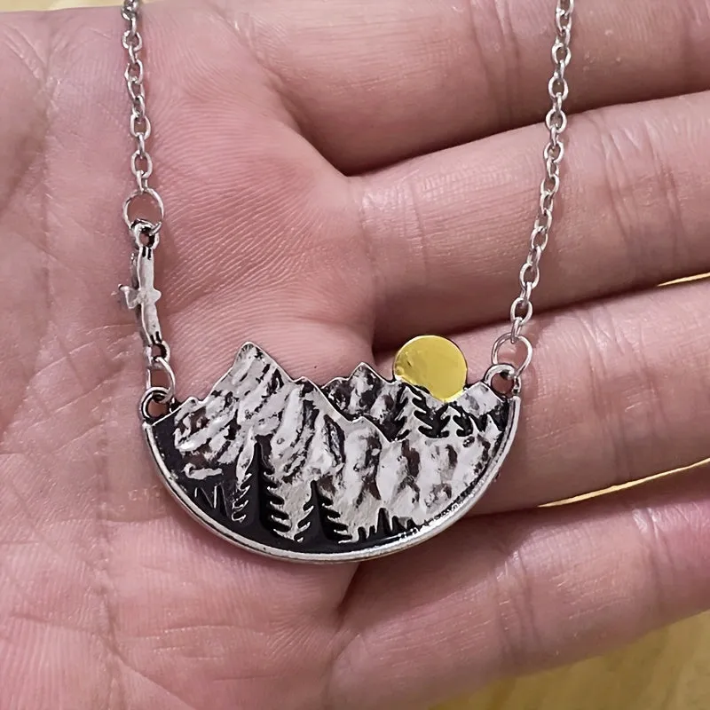 Vintage Landscape Mountain Forest Sunset Pendant Necklace