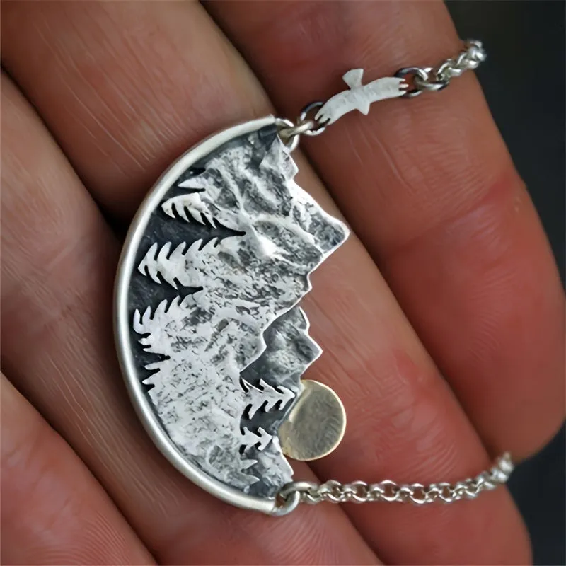 Vintage Landscape Mountain Forest Sunset Pendant Necklace