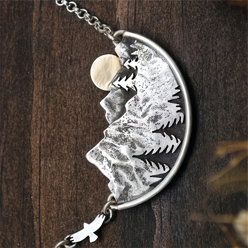 Vintage Landscape Mountain Forest Sunset Pendant Necklace