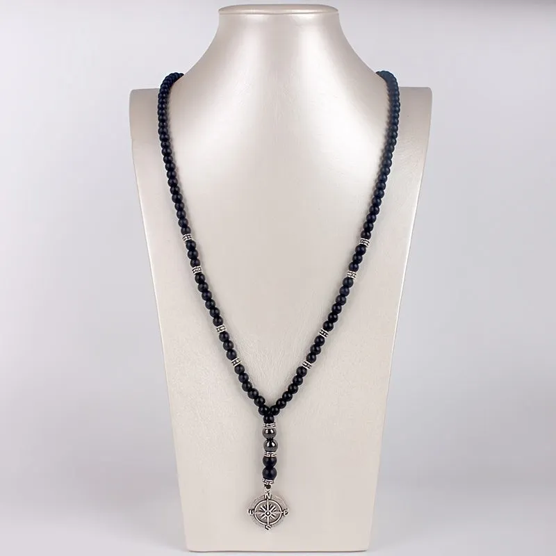 Vintage Natural Stone Beaded Necklace with Compass Pendant for Men
