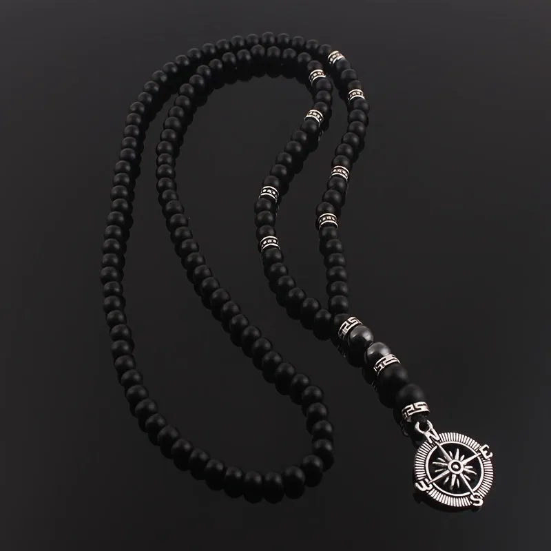Vintage Natural Stone Beaded Necklace with Compass Pendant for Men