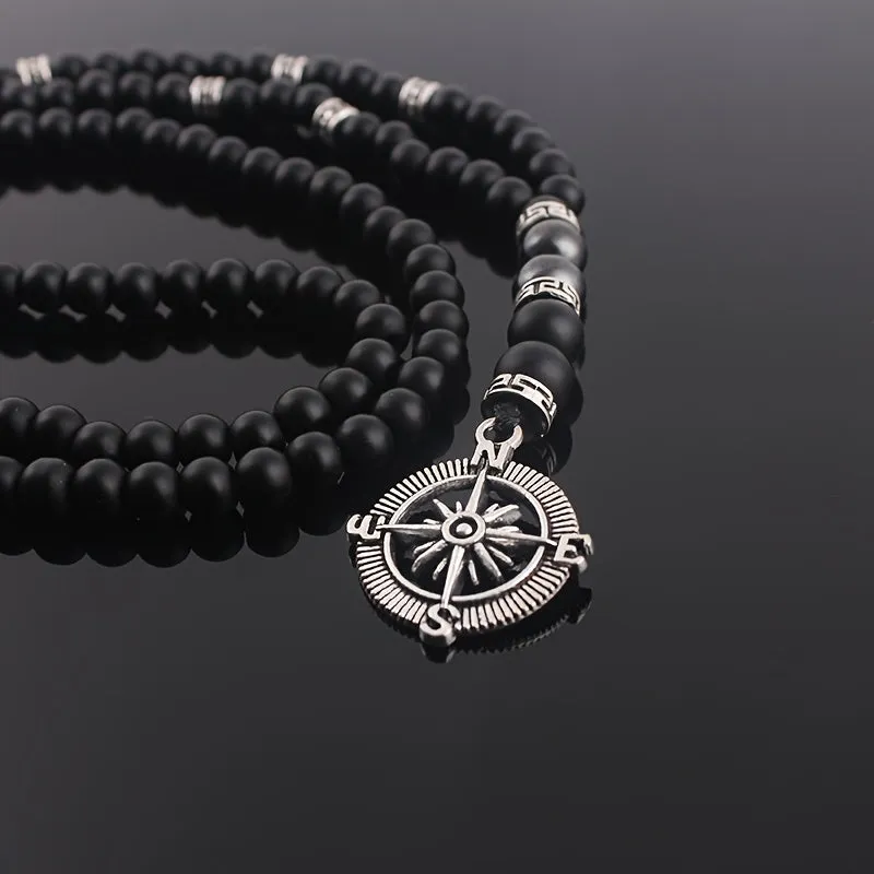 Vintage Natural Stone Beaded Necklace with Compass Pendant for Men