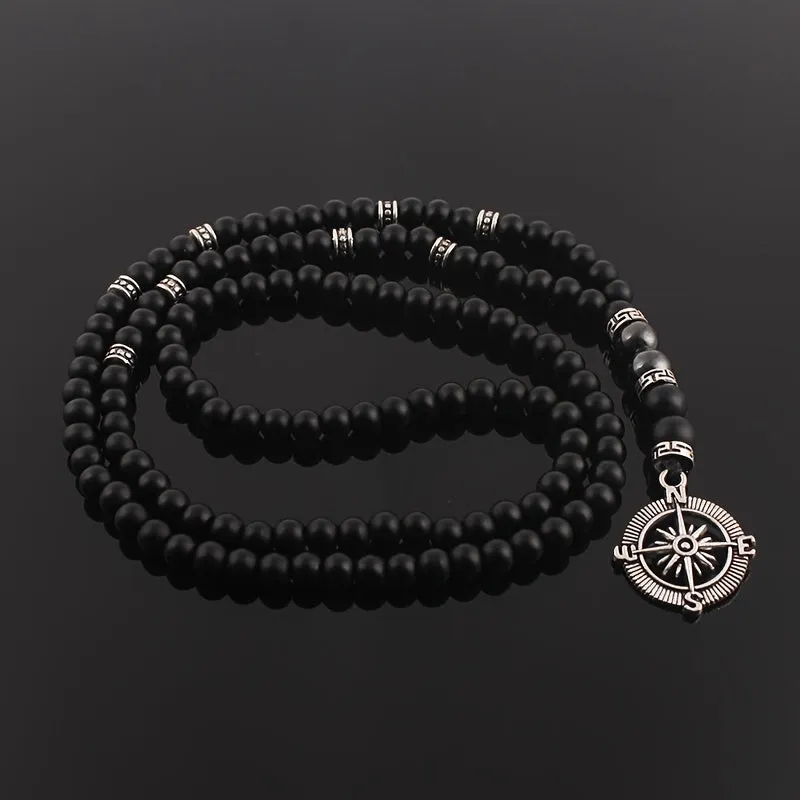 Vintage Natural Stone Beaded Necklace with Compass Pendant for Men