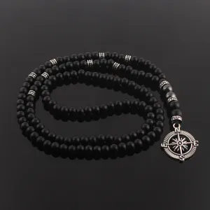Vintage Natural Stone Beaded Necklace with Compass Pendant for Men