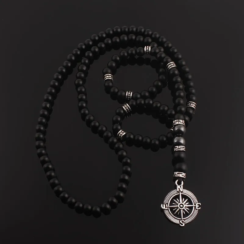 Vintage Natural Stone Beaded Necklace with Compass Pendant for Men