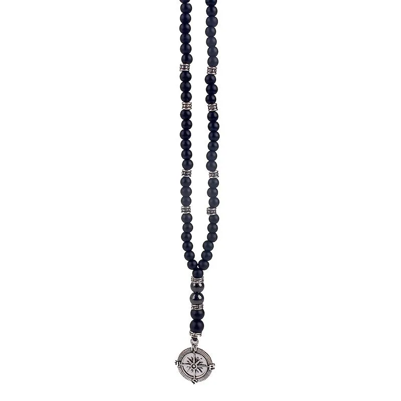 Vintage Natural Stone Beaded Necklace with Compass Pendant for Men