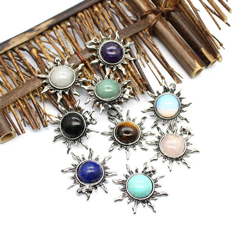Vintage Natural Stone Sun Pendant Necklaces