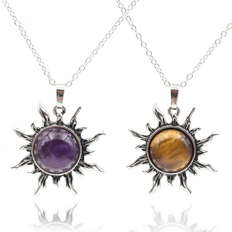 Vintage Natural Stone Sun Pendant Necklaces