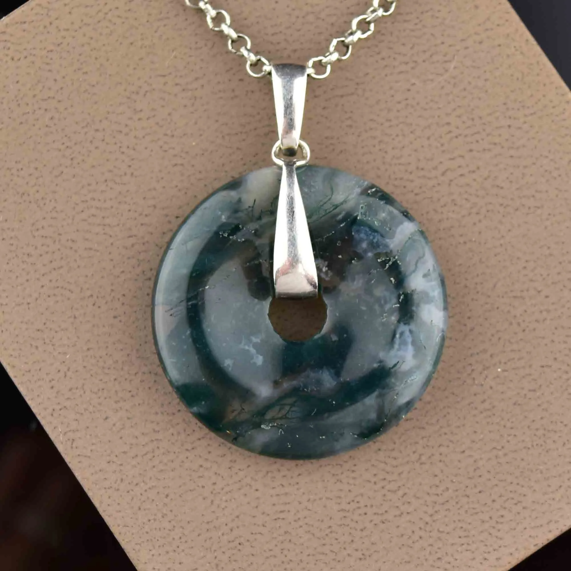 Vintage Silver Moss Agate Donut Pendant Necklace
