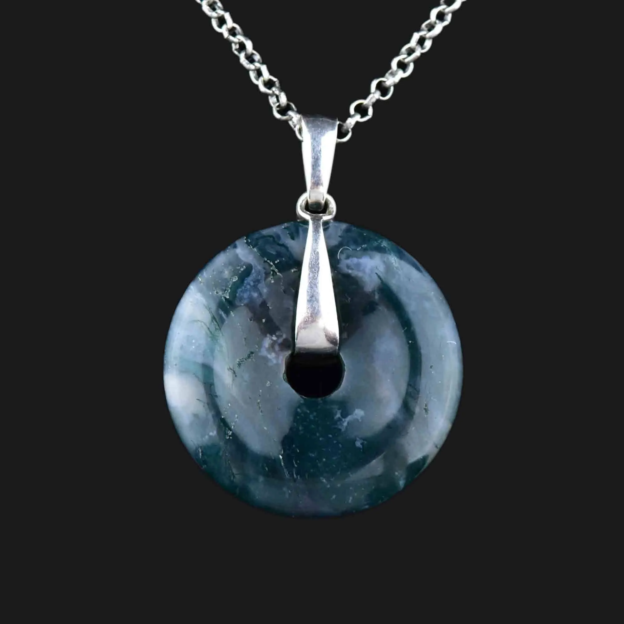 Vintage Silver Moss Agate Donut Pendant Necklace
