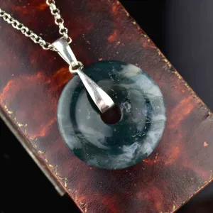 Vintage Silver Moss Agate Donut Pendant Necklace
