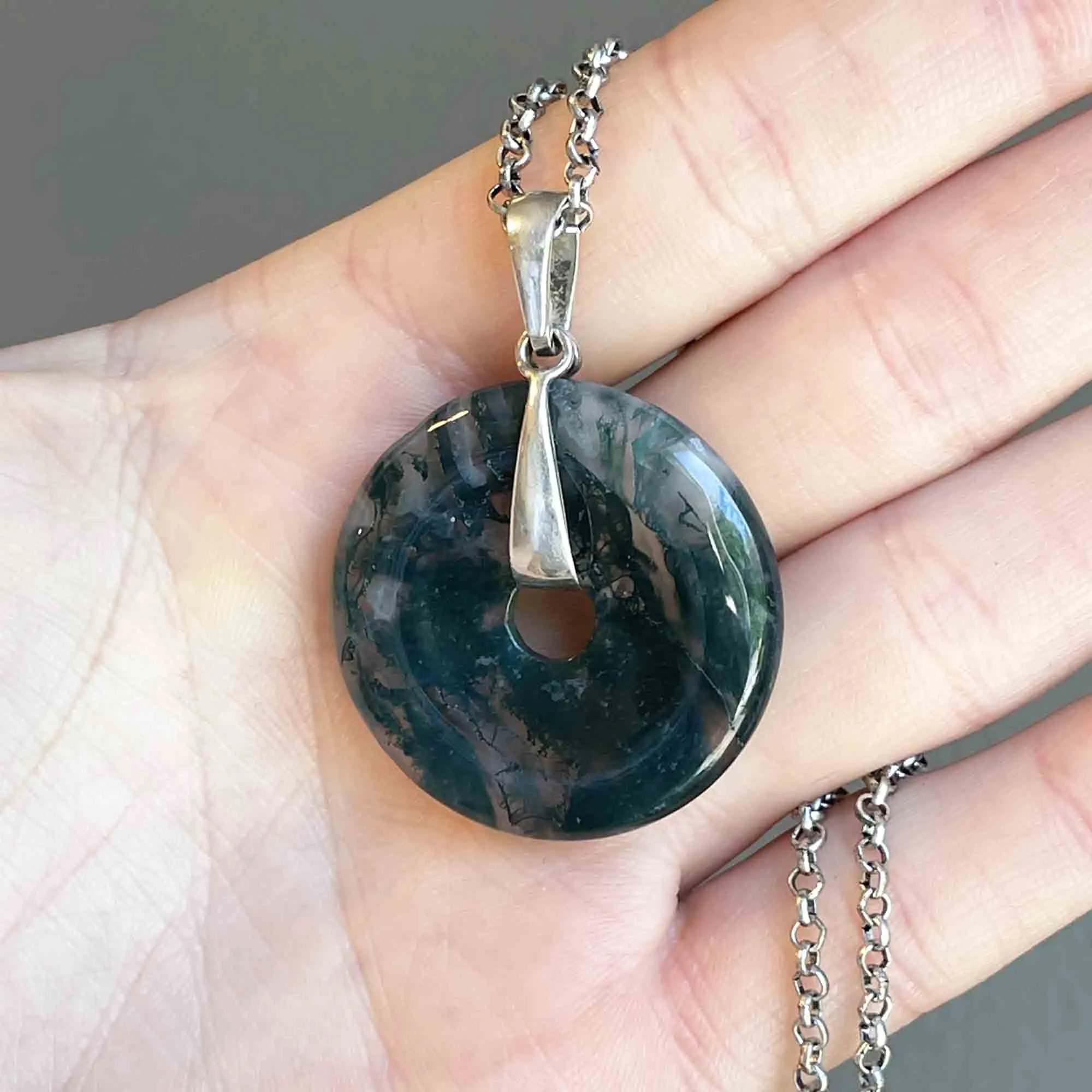 Vintage Silver Moss Agate Donut Pendant Necklace