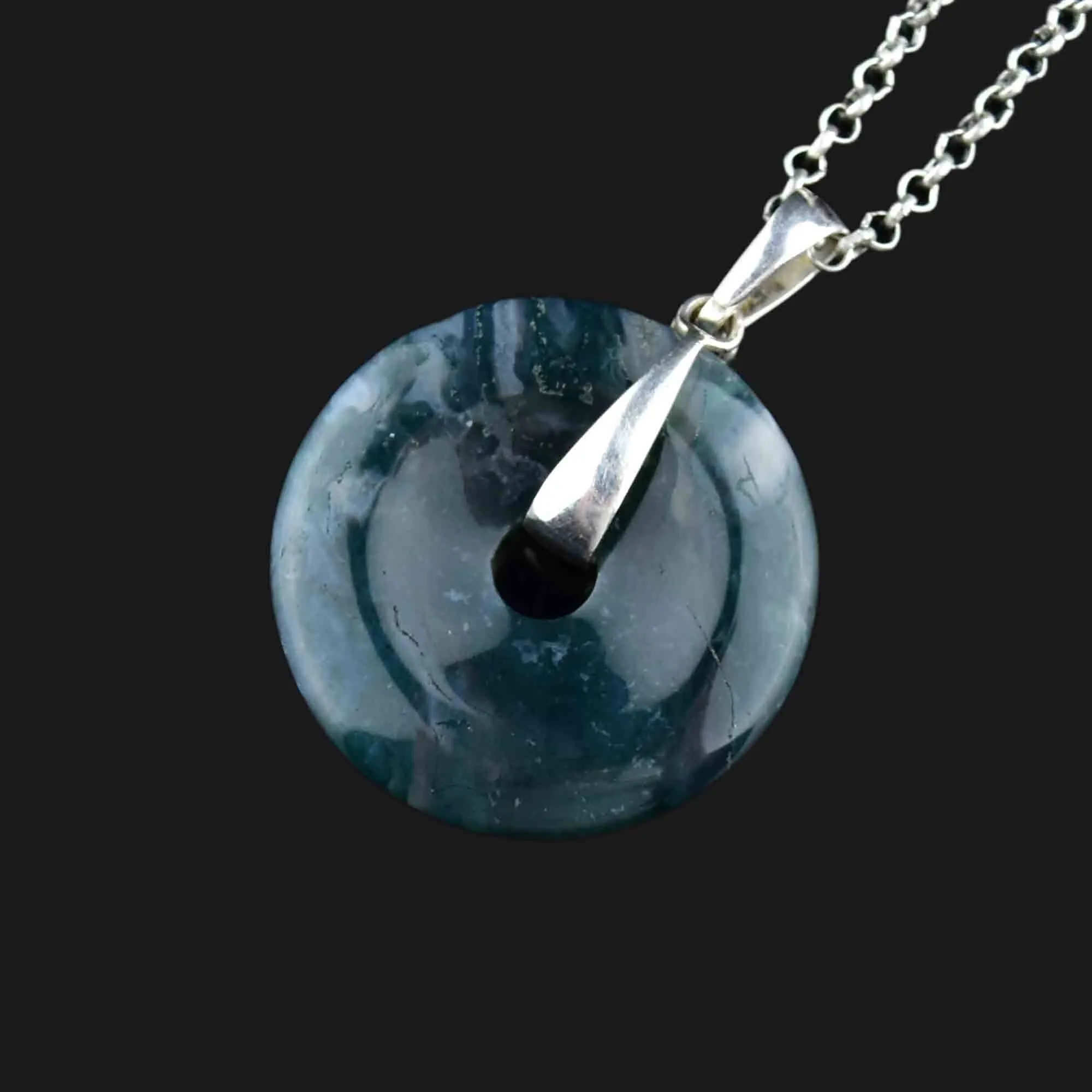 Vintage Silver Moss Agate Donut Pendant Necklace