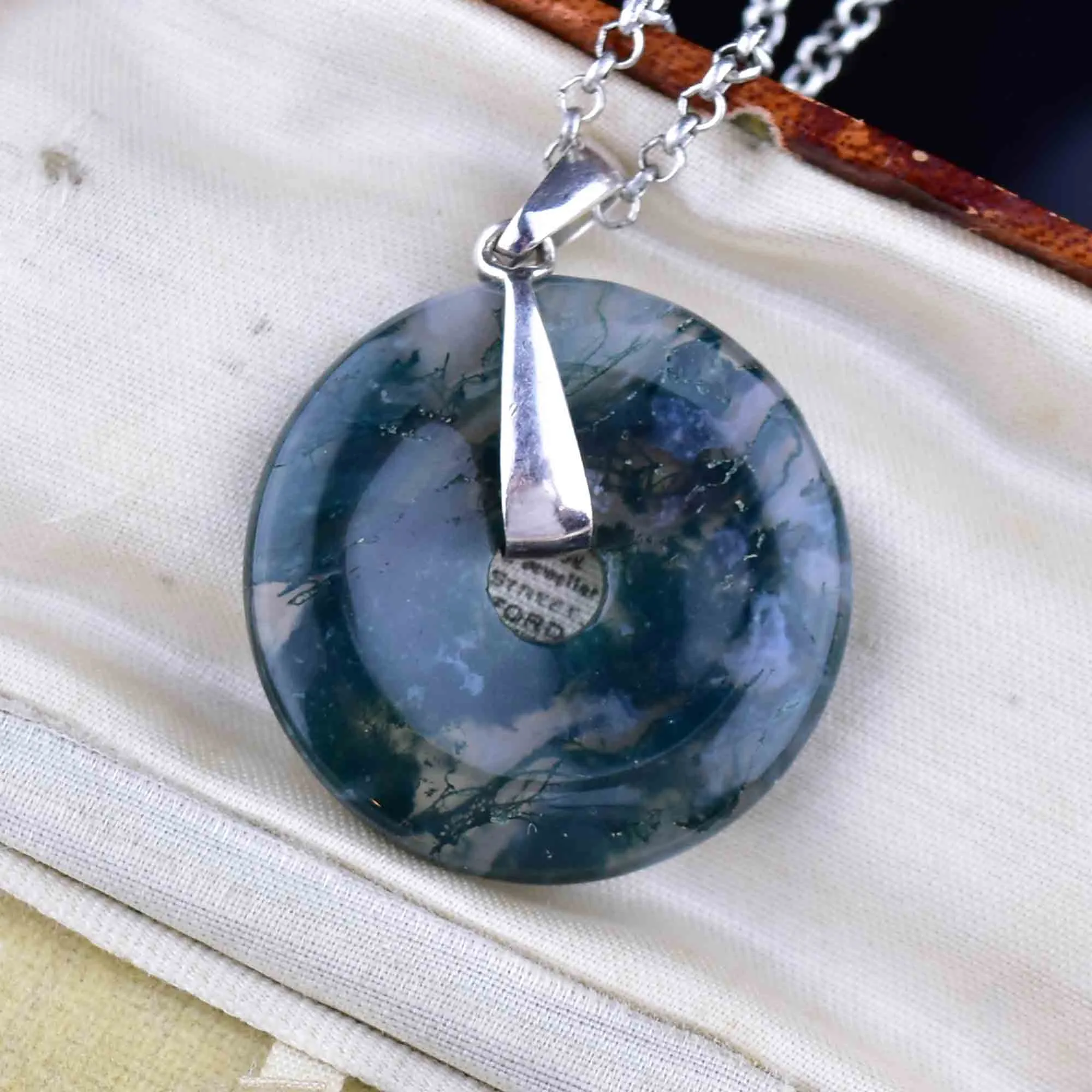 Vintage Silver Moss Agate Donut Pendant Necklace