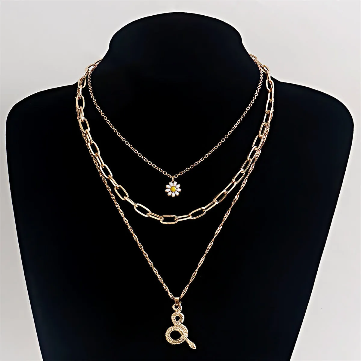 White Enamel & 18K Gold-Plated Snake Flowers Pendant Layered Necklace